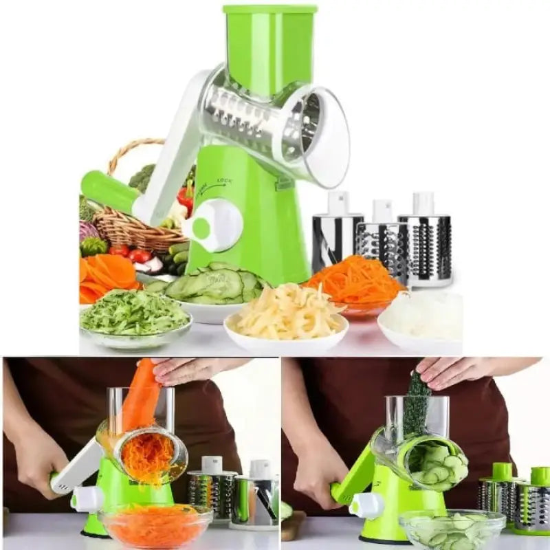 3-in-1 Rotary Vegetable Cutter & Slicer – Manual Kitchen Grater, Slicer & Shredder with 3 Stainless Steel Blades