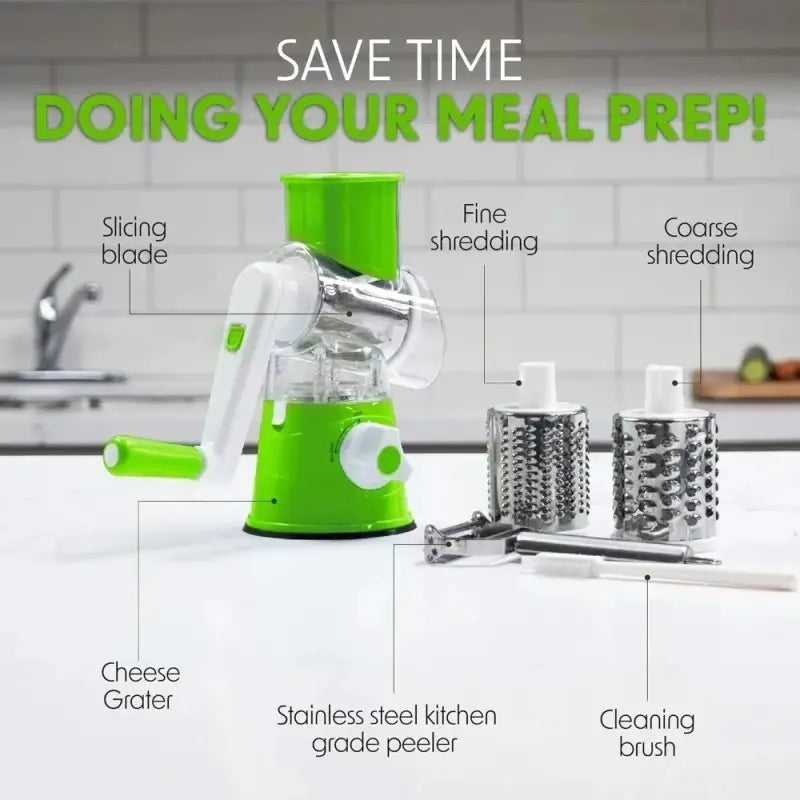3-in-1 Rotary Vegetable Cutter & Slicer – Manual Kitchen Grater, Slicer & Shredder with 3 Stainless Steel Blades