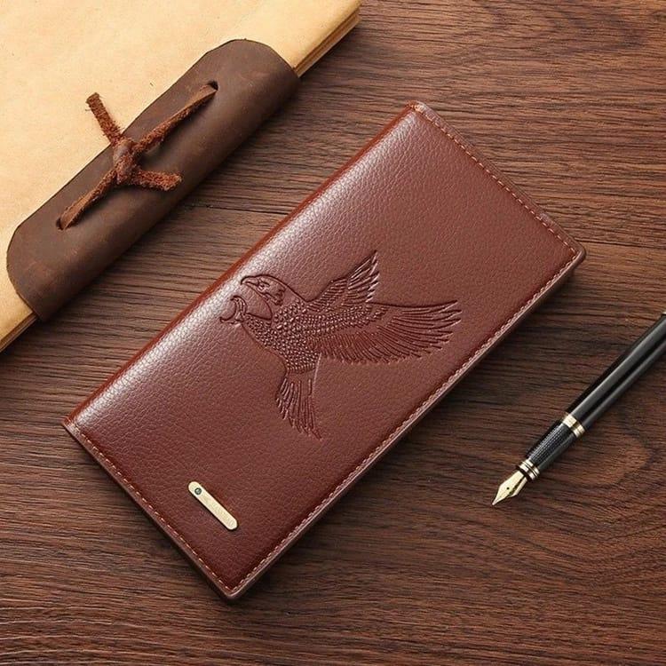 Men's Embossed Bird Leather Wallet – Brown | Premium Long Bifold Wallet