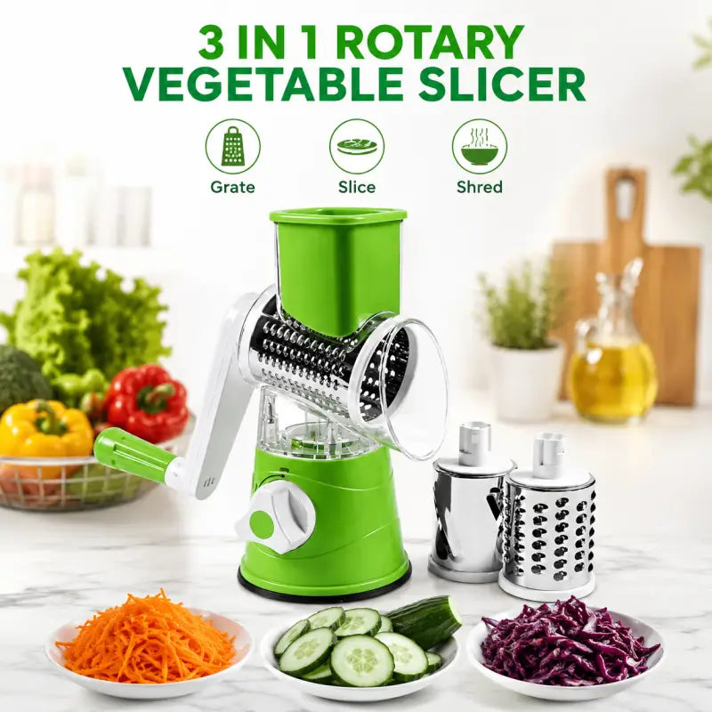 3-in-1 Rotary Vegetable Cutter & Slicer – Manual Kitchen Grater, Slicer & Shredder with 3 Stainless Steel Blades