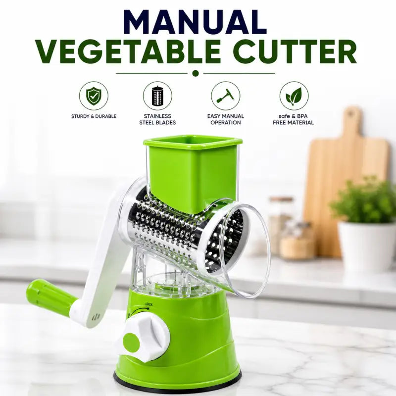 3-in-1 Rotary Vegetable Cutter & Slicer – Manual Kitchen Grater, Slicer & Shredder with 3 Stainless Steel Blades