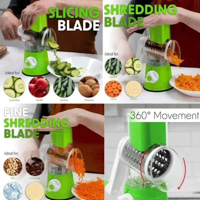 3-in-1 Rotary Vegetable Cutter & Slicer – Manual Kitchen Grater, Slicer & Shredder with 3 Stainless Steel Blades